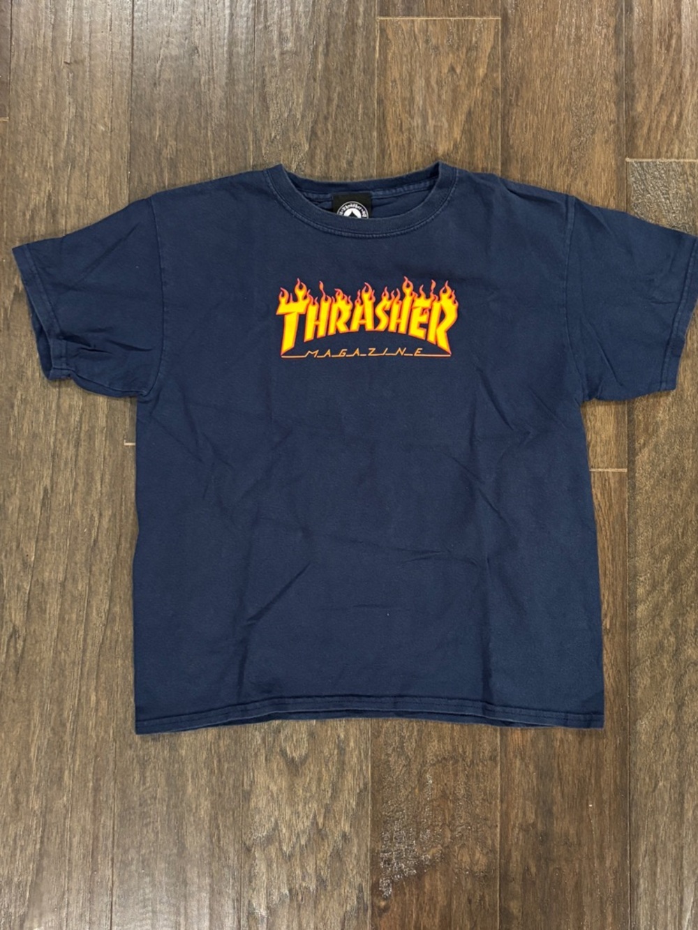 Thrasher Youth Large Navy T‑Shirt with Yellow & Orange Flame Logo
